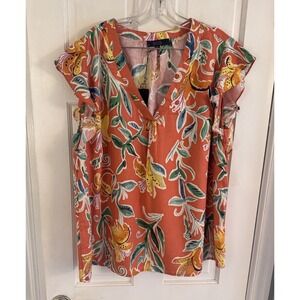Rachel Roy Linen‎ Blend Coastal Top Tropical Boho Blouse Beach Floral Sz 2X